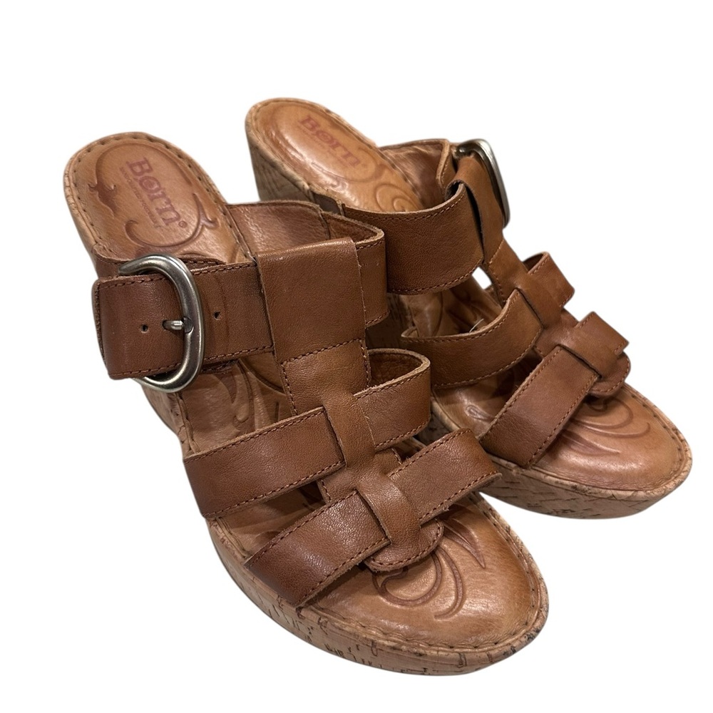 Women’s BORN Brown Leather Gladiator Wedge Sandals Shoes Size 9 - Picture 2 of 6